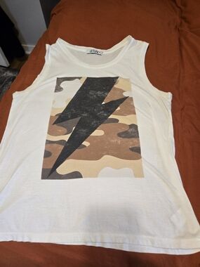 White Tank Top with Camo Lightning Graphic